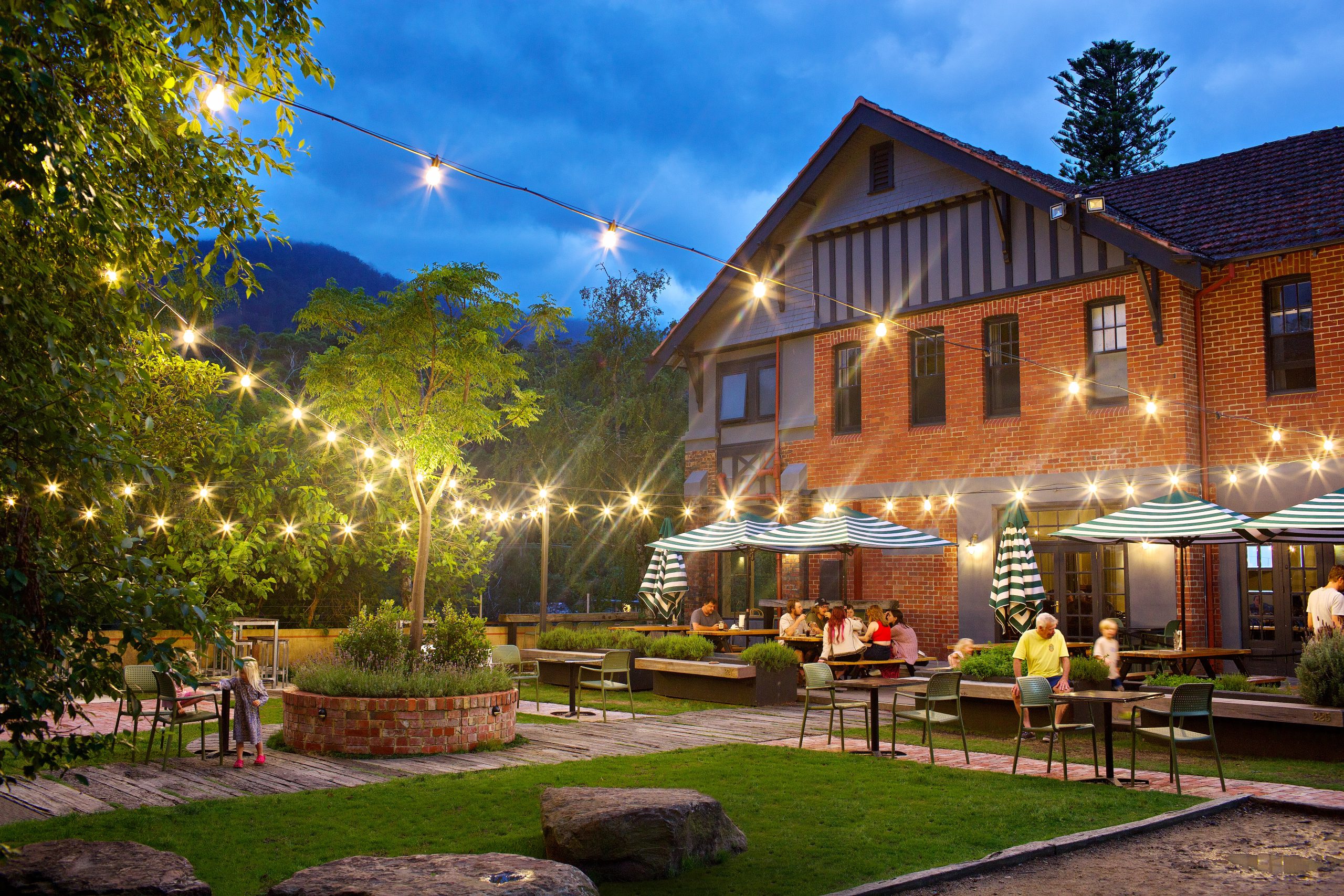 Alpine Hotel courtyard at dusk