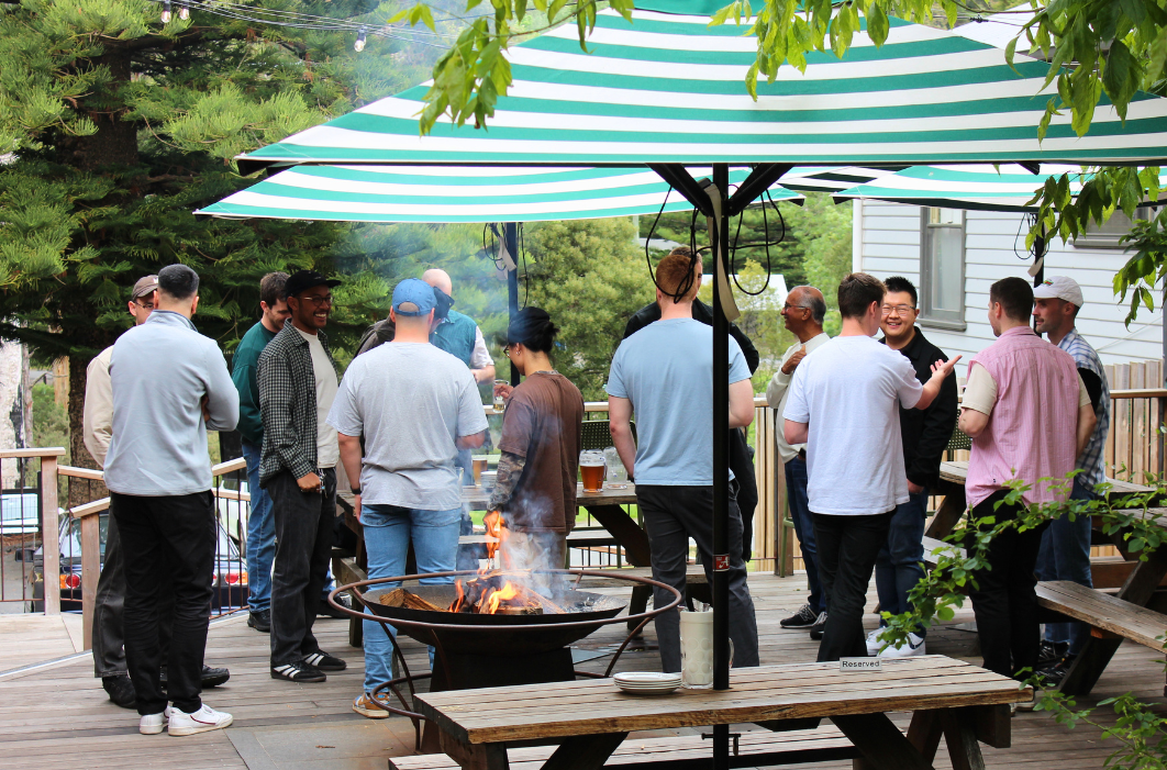 The Alpine Hotel courtyard at twilight